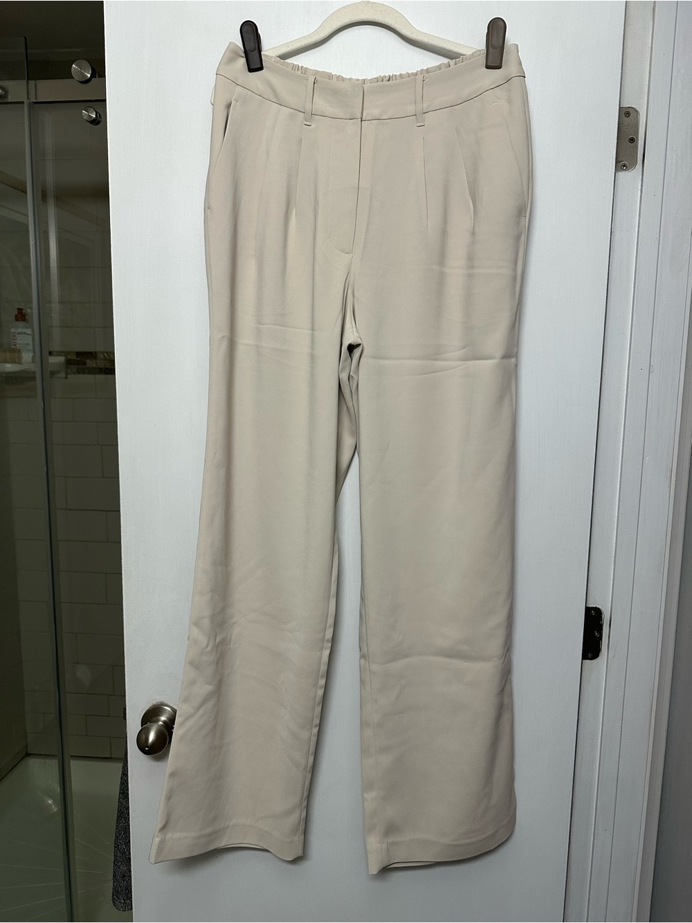 Pleated Crepe Wide Leg, Light Khaki Dress Pants - Picture 2 of 5